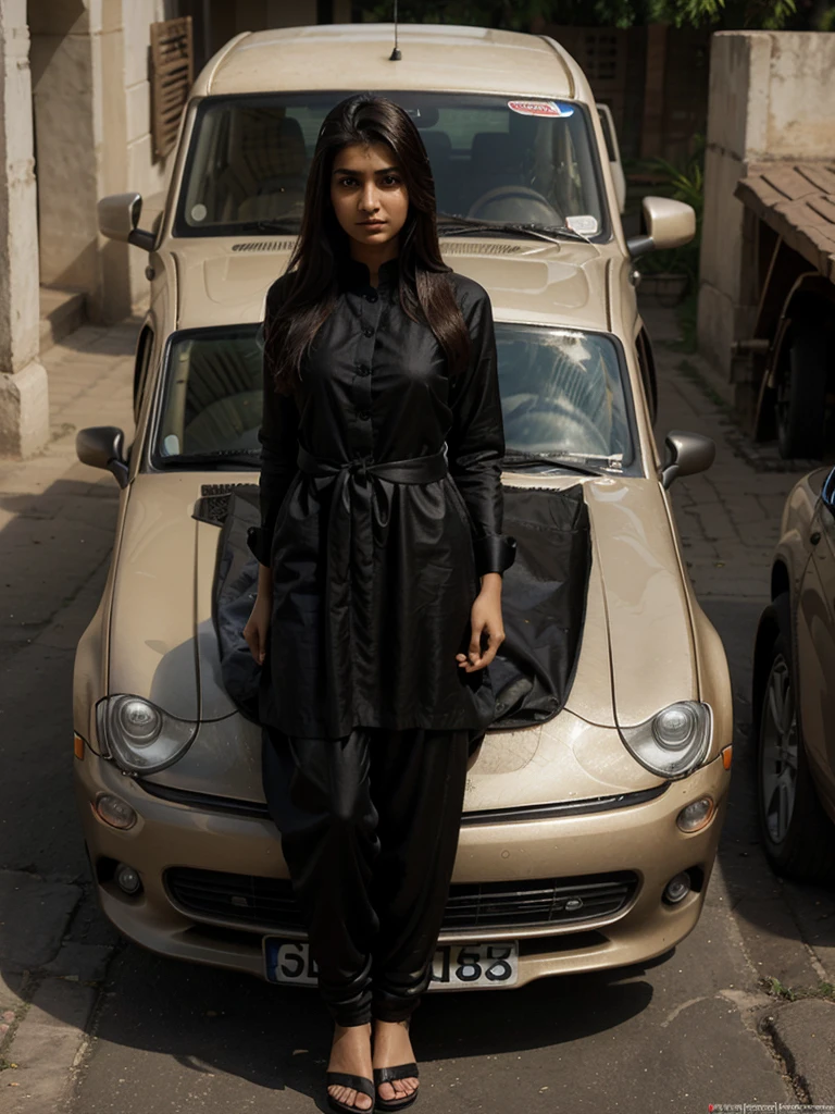 A photorealistic portrait of a young Pakistani woman, age 16, with long black, brown eyes, and slender figure, dressed a traditional shalwar suit, standing confidently in front of a car, with the focus on her height of 5'5 and milky skin.
