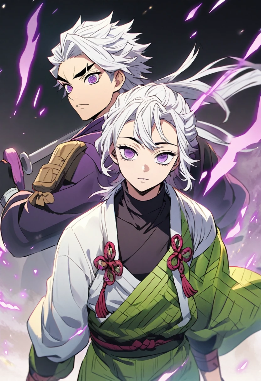A kimetsu-style boy with white hair with purple highlights, purple eyes and an oni hunter outfit