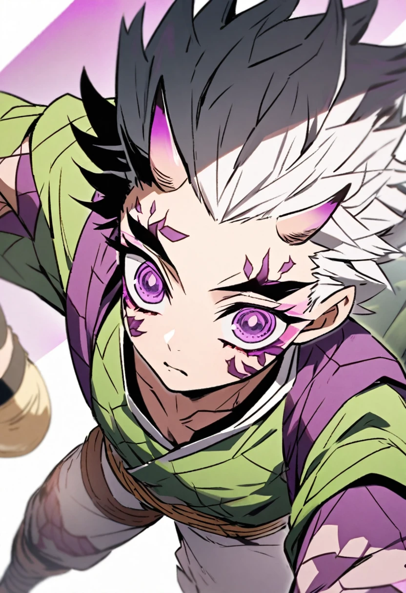 A kimetsu-style boy with white hair with purple highlights, purple eyes and an oni hunter outfit