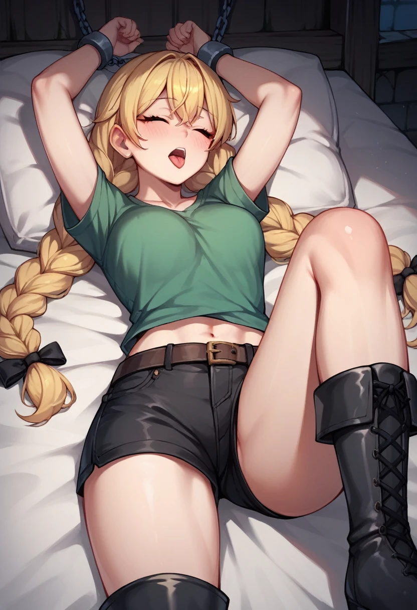 score_9, score_8_up, score_7_up, score_6_up, score_5_up, score_4_up, source_anime, 1girl, she was lying down, tongue, yellow hair, braids, close eyes, w-w-chain, shackles, put on arms, long hair, green shirt, shorts, thigh boots, black boots, night, key dungeon, best quality, best res, 4K UHD,
 