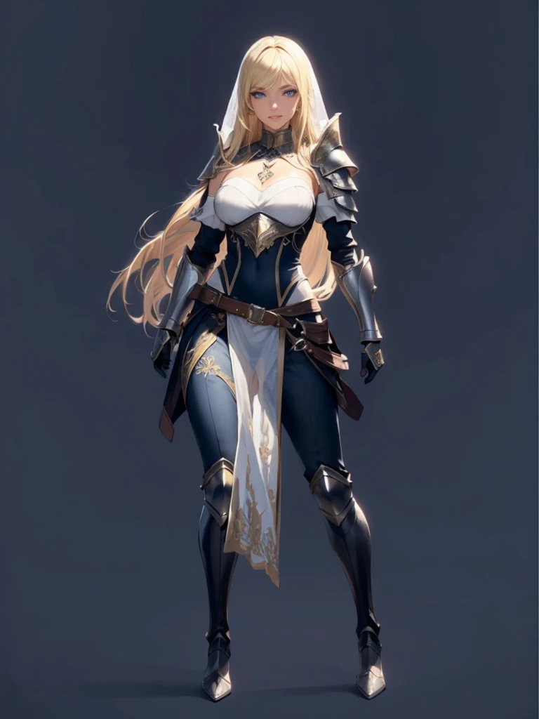 ((1girl, solo)), beautiful body, (perfect anatomy, perfect body, perfect hands, perfect legs), (five fingers:1.5), natural proportions, sexy body, large breasts, cowboy shot BREAK
((extremely detailed face)), (beautiful detailed eyes:1.6), (realistic pupils, realistic iris:1), expressive eyes, looking at viewer, (clear eyes:1.3), (hyperrealistic:1.2), (detailed skin texture:1.2), smooth skin, (blonde hair:1.5), blue eyes, long hair, (detailed lips:1.2), (attractive lips:1.1), (glossy lips:1.1), (grin), perfect face, perfect eyes BREAK
female knight, veil, long sleeves, (armor:1.5), (shoulder armor:1.2), (arm guard:1.3), armor gloves, (pants:1.5), skin tight, ((pelvic curtain)), armored boots, belt BREAK
outdoors, day, (winter:1.3), trees, (shade of trees:1.2), mountain range, medieval BREAK
(masterpiece:1.5), anime-style, top quality, best quality, (beautiful and aesthetic:1.2), (ultra detail:1.5), Ultra-detailed depiction, Ultra-precise depiction, extremely detailed 8k illustration, high resolution, (highly detailed shading:1.2), (realistic lighting:1.4), perfect lighting, vibrant colors, dynamic tones, striking hues, 8k, absurd resolution, perfect shadows, hdr, UHD, ambient lighting, realistic, ultra-realistic, photo realistic, highly detailed, rich detail, luminous colors, fine texture, intricate design, professional illustration, (soft light:1.2), (illustration:0.7)