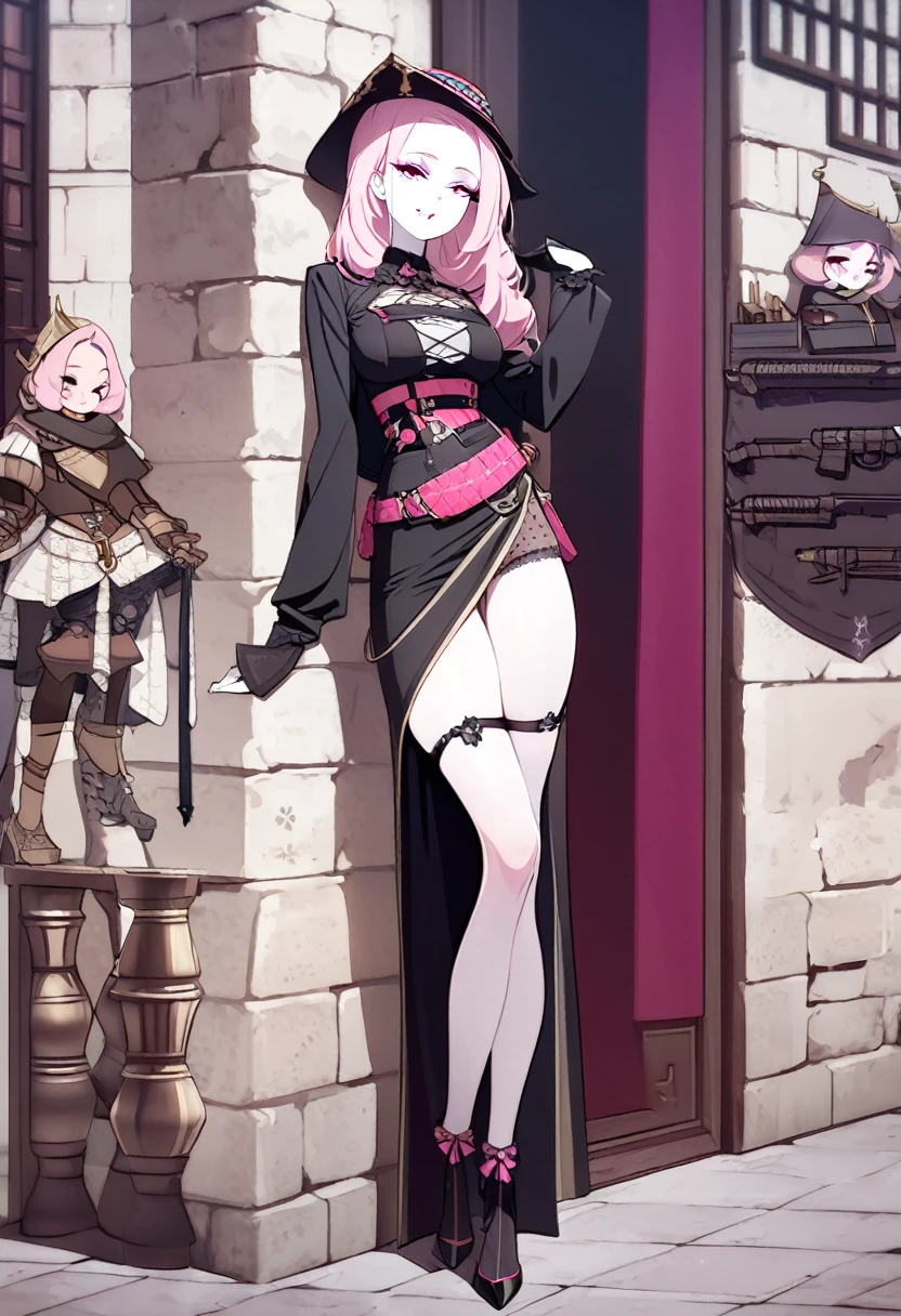 (masterpiece, Best quality, 32 thousand.), (((facing the viewer, full height))), ((full body)), Young teenage girl with pink hair , ((pink глаза)), ((Eyeliner)), ((Beautiful face, sultry face, mischievous face, fine features, sexy face)), ((pale skin, Smooth skin, perfect skin)), ((cute outfit, Stylish outfit, Medieval attire, fantasy outfit, tactical equipment:1.3))