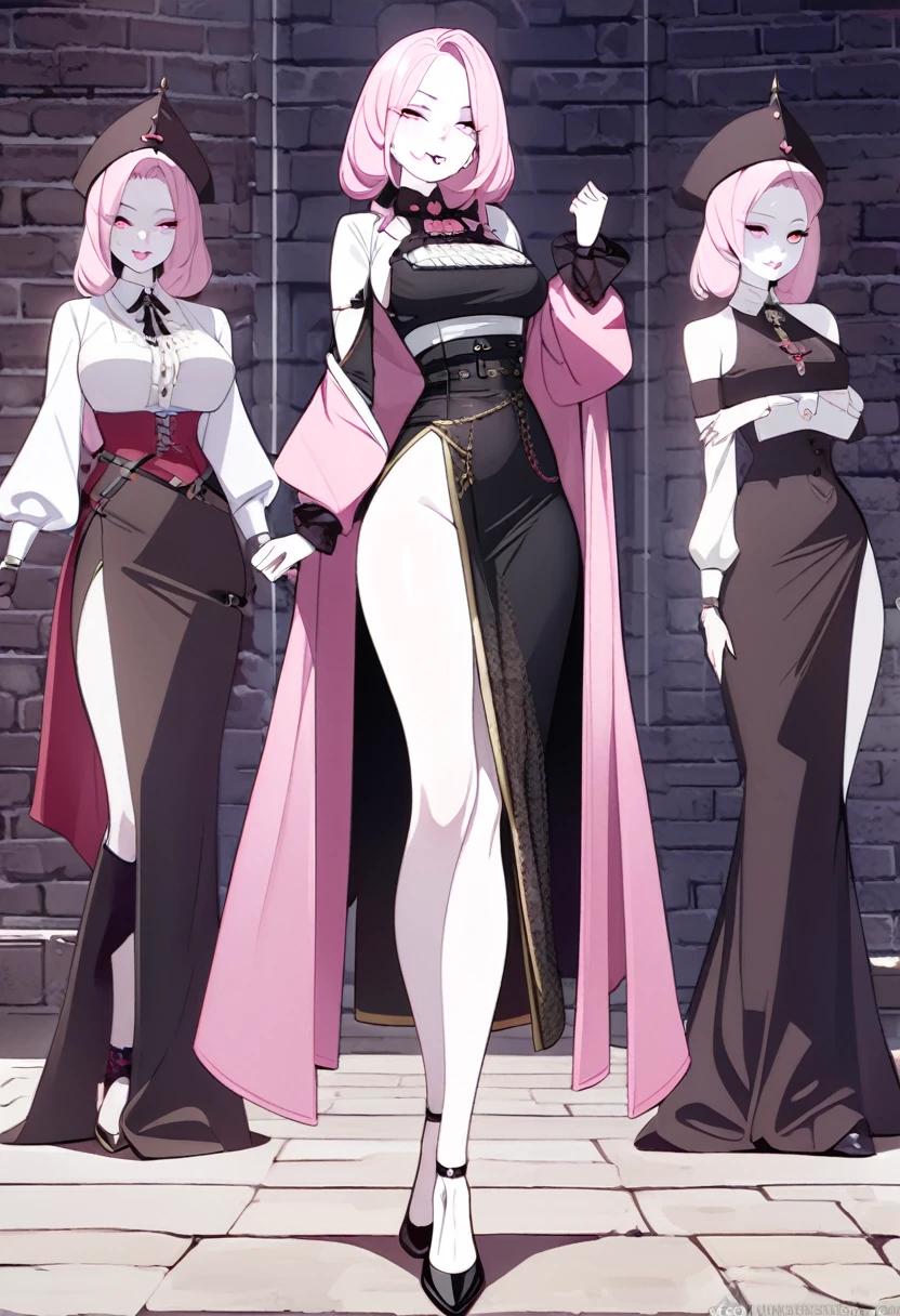 (masterpiece, Best quality, 32 thousand.), (((facing the viewer, full height))), ((full body)), Young age girl with pink hair , ((pink глаза)), ((Eyeliner)), ((Beautiful face, sultry face, mischievous face, fine features, sexy face)), ((pale skin, Smooth skin, perfect skin)), ((cute outfit, Stylish outfit, Medieval attire, fantasy outfit, tactical equipment:1.3))