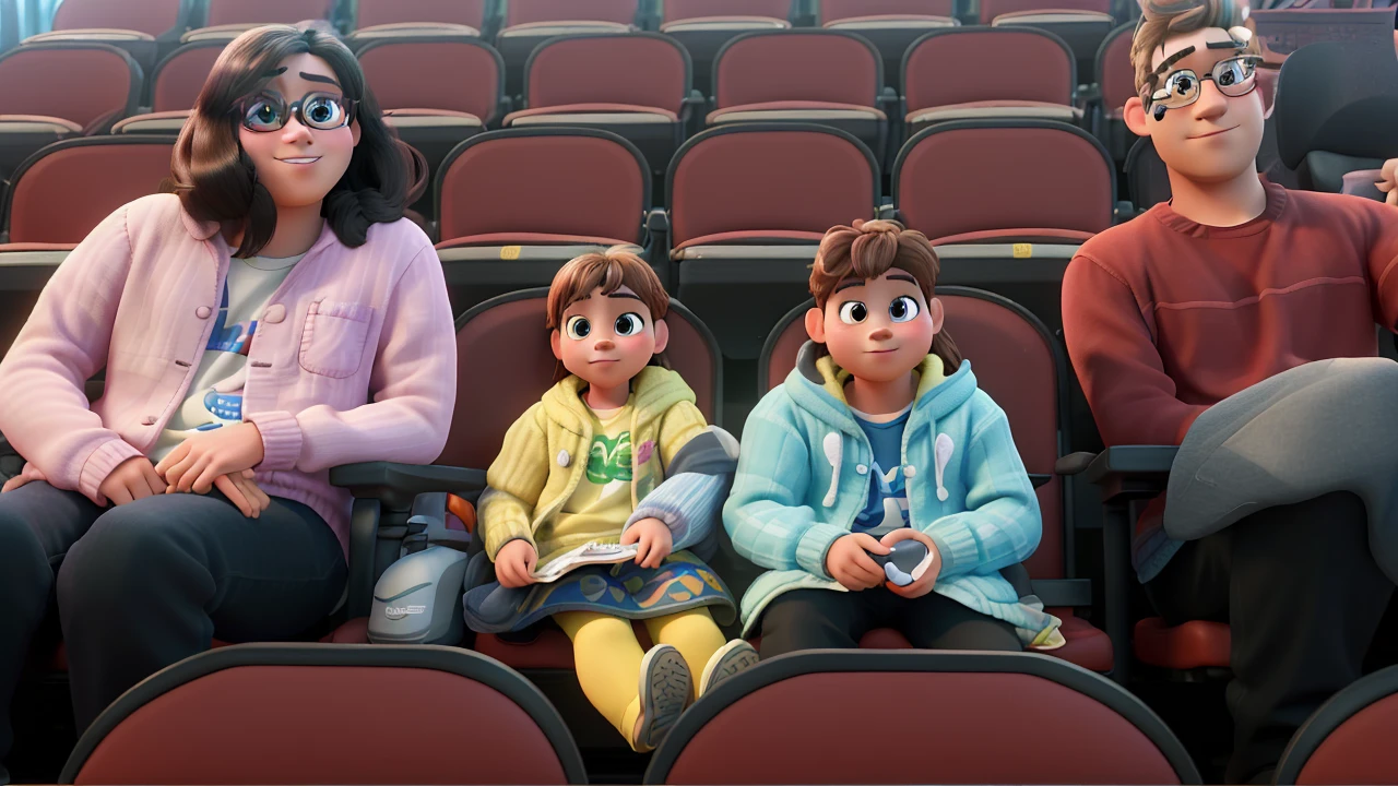 masterpiece, best quality, (extremely detailed CG unity 8k wallpaper), (best quality), (best illustration), (best shadow),A couple with two kids sitting in stadium, high quality photo, group photo, group portrait, commissioned, 8k quality, photo realistic in disney pixar style. high quality, 8k, master piece, 3d disney, disney pixar