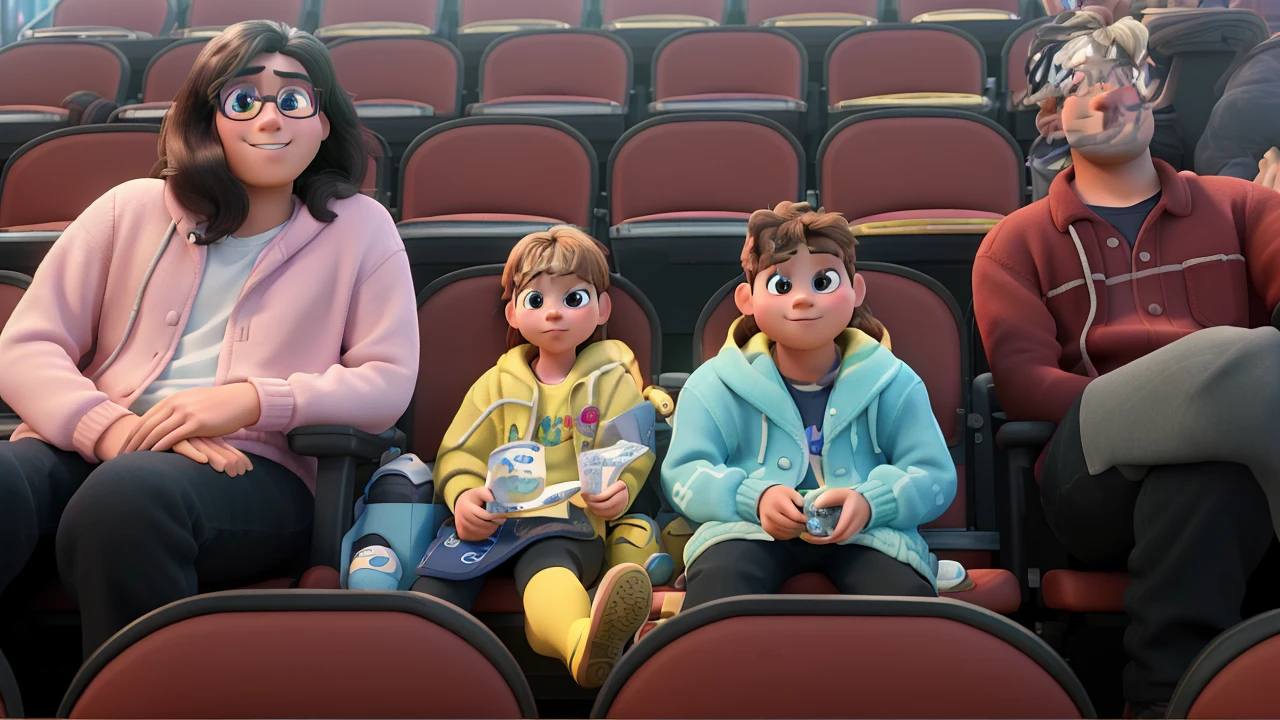 masterpiece, best quality, (extremely detailed CG unity 8k wallpaper), (best quality), (best illustration), (best shadow),A couple with two  sitting in stadium, high quality photo, group photo, group portrait, commissioned, 8k quality, photo realistic in disney pixar style. high quality, 8k, master piece, 3d disney, disney pixar