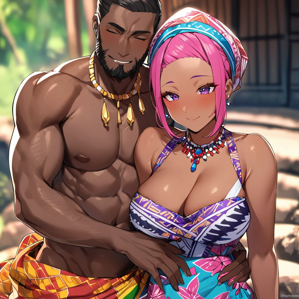 ((Highest quality)), ((masterpiece)), (detailed), (Perfect Face)、The woman is Momo Belia Deviluke, a Ghanaian by birth, with a vibrant dark skin, and is wearing a vibrant Ghanaian dress, a vibrant headscarf, gorgeous jewellery and an engagement ring.、The woman is the elegant Momo Belia Deviluke, with short pink bob hair, a colorful Ghanaian dress, a colorful headscarf, and vivid dark brown skin. She is a natural-born black and Ghanaian.、(The woman is a black Ghanaian with vivid dark brown skin.)、The woman is seen in a Ghanaian village, cuddling with a dignified, muscular, bearded, middle-aged Ghanaian man.、The man is the woman's husband, a dignified, muscular, middle-aged Ghanaian with a beard, wearing colorful Ghanaian traditional clothing and wearing an engagement ring.、The woman is holding her baby daughter