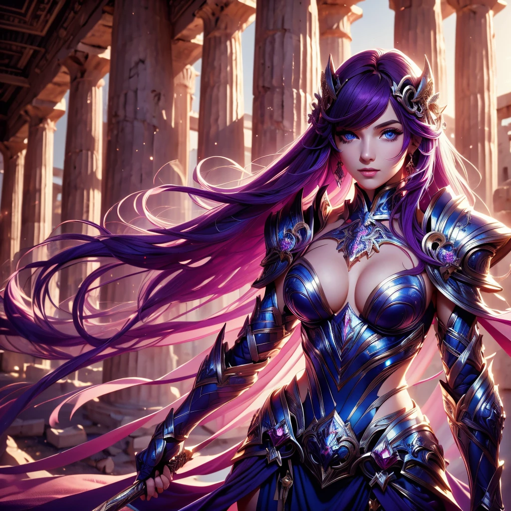 one woman, 25 year old, Greek goddness, purple hairs, blue eyes, greece, ancien temple, perfect bosy, masterclass, HD, 8k, wearing an armor, armor with a anciengreek  design, white cape, dark enegy aura, in an ancient greek temple in ruins