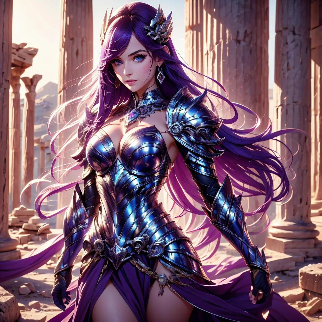 one woman, 25 year old, Greek goddness, purple hairs, blue eyes, greece, ancien temple, perfect bosy, masterclass, HD, 8k, wearing an armor, armor with a anciengreek  design, white cape, dark enegy aura, in an ancient greek temple in ruins