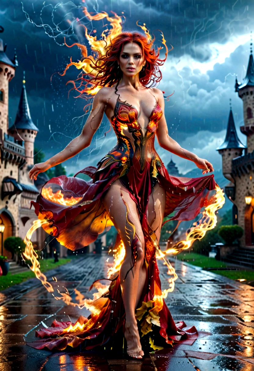 a sorceress of fire making fire dance in a the (storm of rain: 1.3), a most exquisite beautiful sorceress, controlling fire manipulating fire, a woman, dynamic hair color, dynamic hair style, (most beautiful face: 1.3), (ultra detailed face: 1.2), wet hair, wet face, dynamic eyes color, full body shot, wearing dress made of fire, wearing intricate high heels, light make up, dancing in courtyard of a fantasy castle background, ((heavy rain drops: 1.1)), clouds in the sky, (anatomically correct: 1.4), (full body shot: 1.1) , vibrant, Ultra-high resolution, High Contrast, (masterpiece:1.5), highest quality, Best aesthetics), best details, best quality, highres, ultra wide angle, 16k, [ultra detailed], masterpiece, best quality, (extremely detailed), firecd_xl, phoenix dress, 