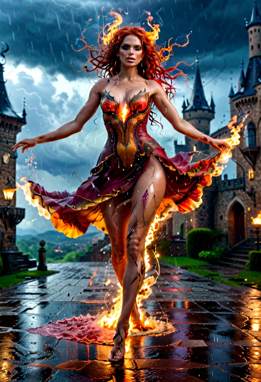 a sorceress of fire making fire dance in a the (storm of rain: 1.3), a most exquisite beautiful sorceress, controlling fire manipulating fire, a woman, dynamic hair color, dynamic hair style, (most beautiful face: 1.3), (ultra detailed face: 1.2), wet hair, wet face, dynamic eyes color, full body shot, wearing dress made of fire, wearing intricate high heels, light make up, dancing in courtyard of a fantasy castle background, ((heavy rain drops: 1.1)), clouds in the sky, (anatomically correct: 1.4), (full body shot: 1.1) , vibrant, Ultra-high resolution, High Contrast, (masterpiece:1.5), highest quality, Best aesthetics), best details, best quality, highres, ultra wide angle, 16k, [ultra detailed], masterpiece, best quality, (extremely detailed), firecd_xl, phoenix dress, 