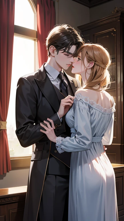 masterpiece, best quality, Practical, In the library of Alcott Manor，Alex and Nicholas share a quiet corner。A tradition of sharing book pages led Alex to《the art of love》Pass to Nicholas。When Nicholas read the verses，their relationship deepens，leading to an intimate kiss，Their emotions echoed in the silent night, (absurd, High resolution, Super detailed), facial details,Delicate and meticulous, 8K, Reality, Dramatic Lighting, high quality, Complex design, enlarged texture, Exquisite details
