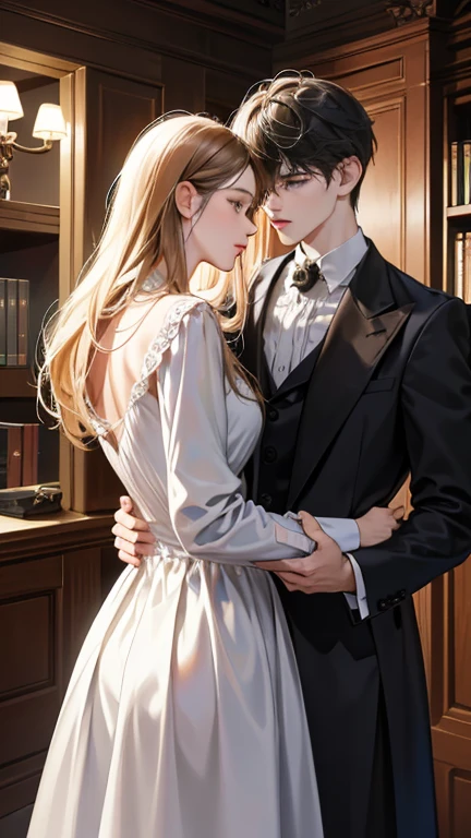 masterpiece, best quality, Practical, In the library of Alcott Manor,Alex and Nicholas share a quiet corner。A tradition of sharing book pages led Alex to《the art of love》Pass to Nicholas。When Nicholas read the verses,their relationship deepens,leading to an intimate kiss,Their emotions echoed in the silent night, (absurd, High resolution, Super detailed), facial details,Delicate and meticulous, 8K, Reality, Dramatic Lighting, high quality, Complex design, enlarged texture, Exquisite details