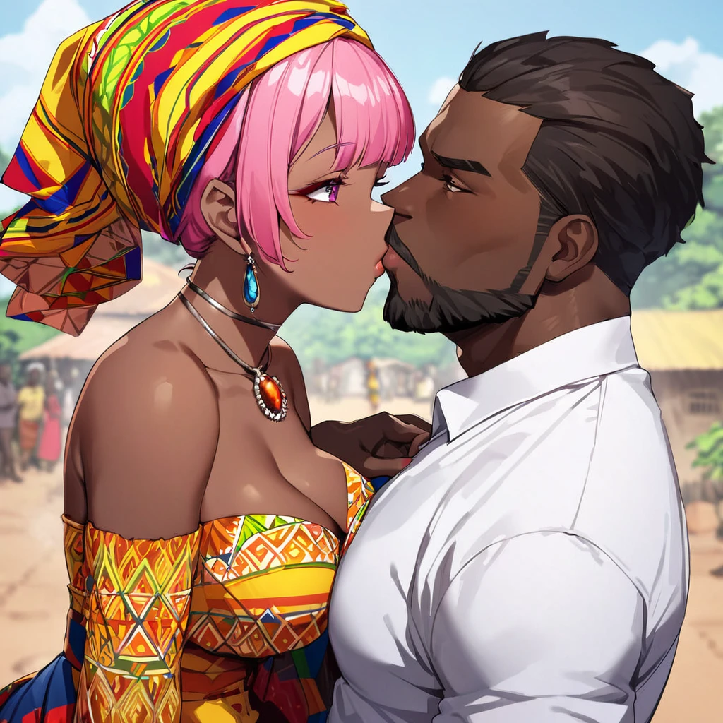 ((Highest quality)), ((masterpiece)), (detailed), （Perfect Face）、The woman is Momo Belia Deviluke, a Ghanaian by birth, with a vibrant dark skin, and is wearing a vibrant Ghanaian dress, a vibrant headscarf, gorgeous jewellery and an engagement ring.、The woman is the elegant Momo Belia Deviluke, with short pink bob hair, a colorful Ghanaian dress, a colorful headscarf, and vivid dark brown skin. She is a natural-born black and Ghanaian.、（The woman is a black Ghanaian with vivid dark brown skin.）、A woman is seen kissing a dignified, muscular, bearded, middle-aged Ghanaian man in a village in Ghana、The man is the woman&#39;s husband, a dignified, muscular, middle-aged Ghanaian with a beard, wearing colorful Ghanaian traditional clothing and wearing an engagement ring.