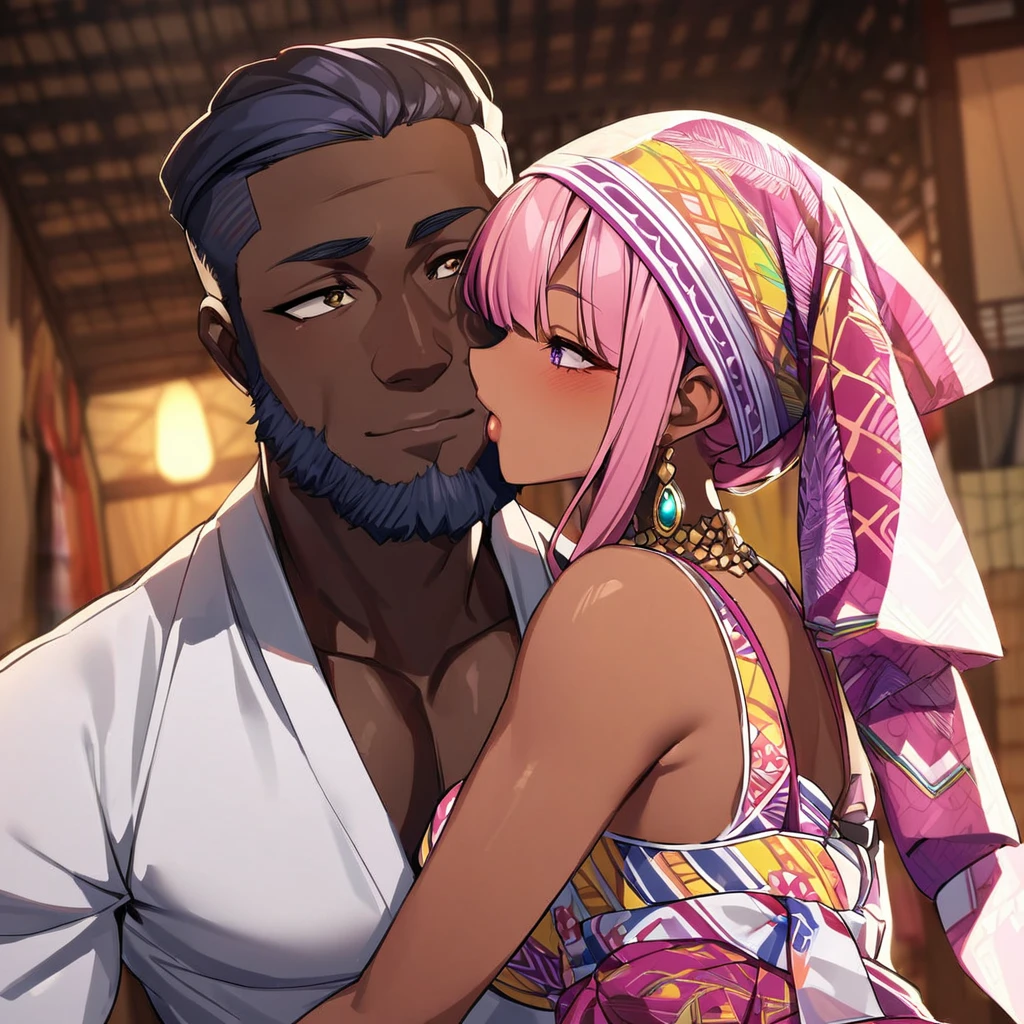 ((Highest quality)), ((masterpiece)), (detailed), (Perfect Face)、The woman is Momo Belia Deviluke, a Ghanaian by birth, with a vibrant dark skin, and is wearing a vibrant Ghanaian dress, a vibrant headscarf, gorgeous jewellery and an engagement ring.、The woman is the elegant Momo Belia Deviluke, with short pink bob hair, a colorful Ghanaian dress, a colorful headscarf, and vivid dark brown skin. She is a natural-born black and Ghanaian.、(The woman is a black Ghanaian with vivid dark brown skin.)、A woman is seen kissing a dignified, muscular, bearded, middle-aged Ghanaian man in a village in Ghana、The man is the woman's husband, a dignified, muscular, middle-aged Ghanaian with a beard, wearing colorful Ghanaian traditional clothing and wearing an engagement ring.