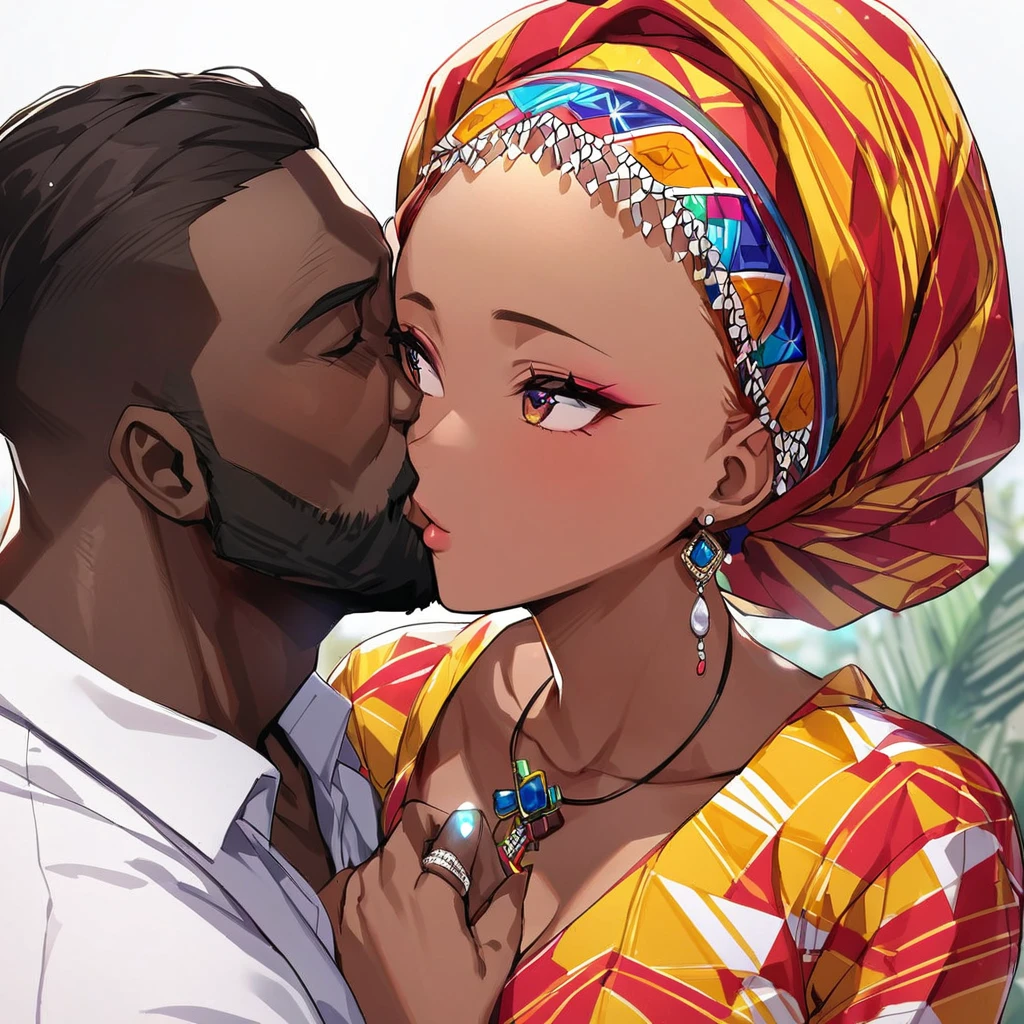 ((Highest quality)), ((masterpiece)), (detailed), （Perfect Face）、The woman is Momo Belia Deviluke, a Ghanaian by birth, with a vibrant dark skin, and is wearing a vibrant Ghanaian dress, a vibrant headscarf, gorgeous jewellery and an engagement ring.、The woman is the elegant Momo Belia Deviluke, with short pink bob hair, a colorful Ghanaian dress, a colorful headscarf, and vivid dark brown skin. She is a natural-born black and Ghanaian.、（The woman is a black Ghanaian with vivid dark brown skin.）、A woman is seen kissing a dignified, muscular, bearded, middle-aged Ghanaian man in a village in Ghana、The man is the woman&#39;s husband, a dignified, muscular, middle-aged Ghanaian with a beard, wearing colorful Ghanaian traditional clothing and wearing an engagement ring.