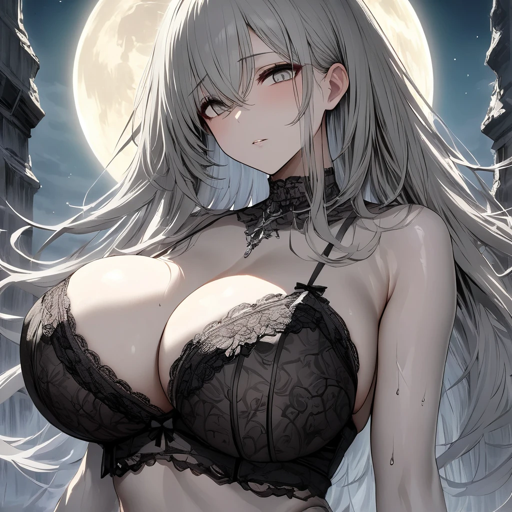 Masterpiece, Very detailed, Ultra-detailed, One, stone-woman - stone skin and body, medium gray hair, gray eyes and women's black lace lingerie, with huge breasts and around the moon and stars, terrible and terrifying atmosphere