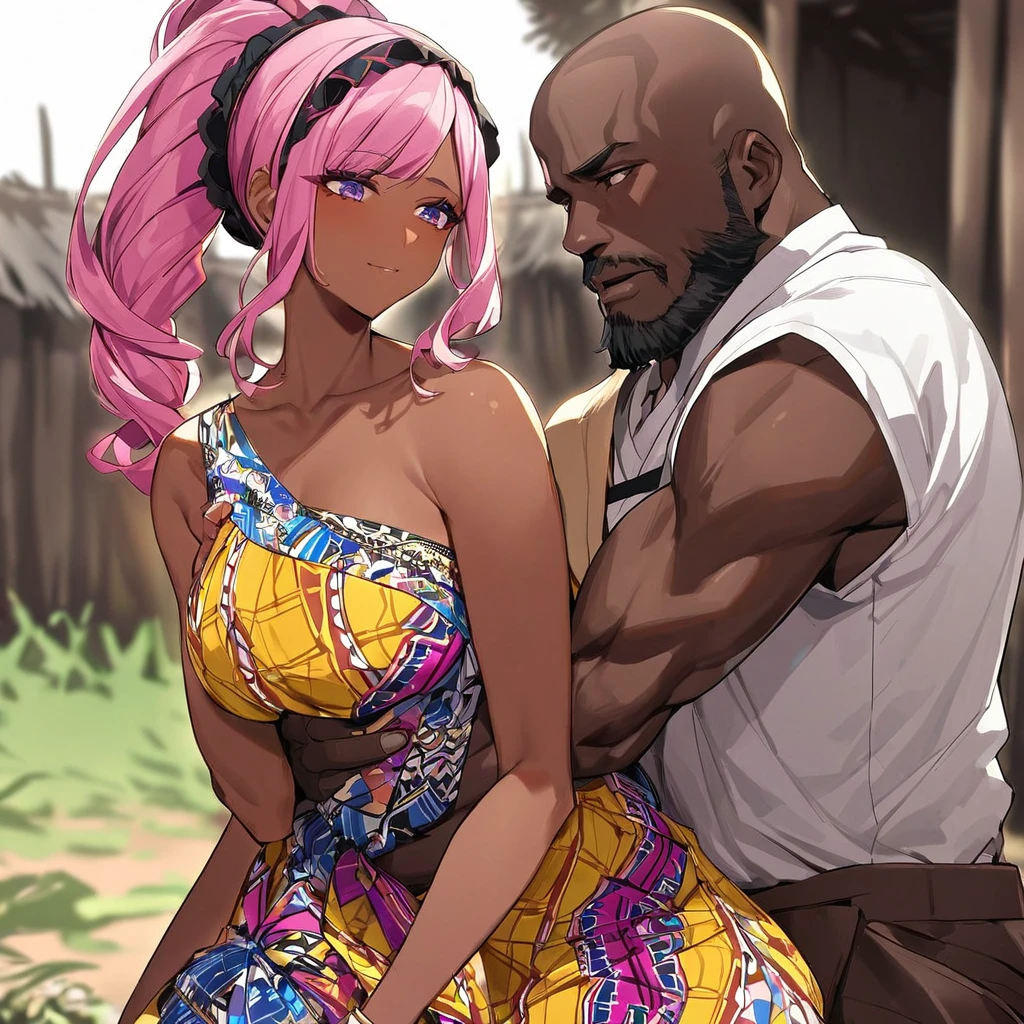 ((Highest quality)), ((masterpiece)), (detailed), (Perfect Face)、the woman is pregnant鮮やかな黒褐色肌で生まれながらの黒人で生まれながらのガーナ人のモモ・ベリア・デビルークでガーナの村で色御鮮やかなガーナドレスを着て色鮮やかなヘッドスカーフを被り豪華な宝飾されたアクセサリーにエンゲージリングをつけている、The woman is the elegant Momo Belia Deviluke, with short pink bob hair, a colorful Ghanaian dress, a colorful headscarf, and vivid dark brown skin. She is a natural-born black and Ghanaian.、(The woman is a black Ghanaian with vivid dark brown skin.)、The woman is seen in a Ghanaian village, cuddling with a dignified, muscular, bearded, middle-aged Ghanaian man.、The man is the woman's husband, a dignified, muscular, middle-aged Ghanaian with a beard, wearing colorful Ghanaian traditional clothing and wearing an engagement ring.、the woman is pregnant