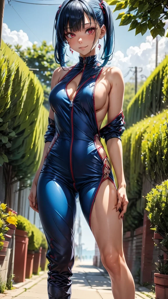 1 girl, Youngh, psychopathic expression, navy blue hair, blood red eyes 2.0, ((cyan blue jumpsuit)), sharped teeth ((gaping mouth)), wearing blue jumpsuit with zipper (( jumpsuit going from the neck to mid-thighs: 1.0)), visible thighs, ((zipper closed)), shoulders and arms completely visible 1.5, beach scenery, 8K, posing on a rock, blood-stained scenery, ultra realisticdetails, pigtails 2.0, 170 cm tall, short hair 2.0 ( (at neck height)), (((square hair bangs 1.2)))