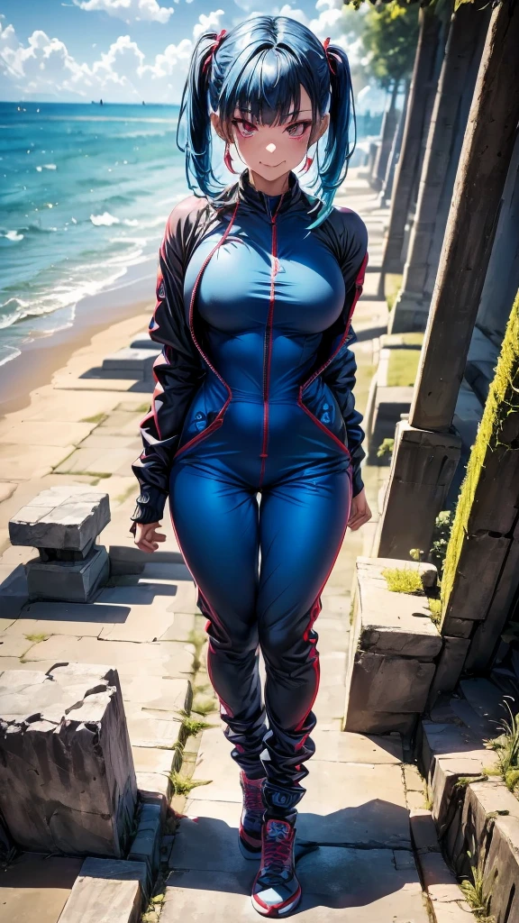 1 girl, Youngh, psychopathic expression, navy blue hair, blood red eyes 2.0, ((cyan blue jumpsuit)), sharped teeth ((gaping mouth)), wearing blue jumpsuit with zipper (( jumpsuit going from the neck to mid-thighs: 1.0)), visible thighs, ((zipper closed)), shoulders and arms completely visible 1.5, beach scenery, 8K, posing on a rock, blood-stained scenery, ultra realisticdetails, pigtails 2.0, 170 cm tall, short hair 2.0 ( (at neck height)), (((square hair bangs 1.2)))
