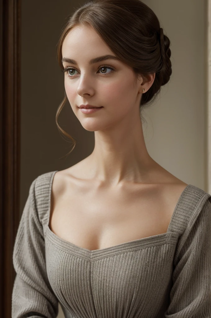 Elizabeth Woodley's lithe figure is modestly attired in a simple gray wool dress with a high collar and long sleeves, befitting her position as governess. Her chestnut hair is neatly parted in the middle and swept back into a low chignon, adorned with a plain black snood. Though her attire is unadorned, Elizabeth's natural beauty shines through in her warm hazel eyes and clear complexion. Her gentle demeanor is evident in her soft smile and graceful movements, while her intelligence gleams in her observant gaze. A small cameo brooch, her sole ornament, hints at her refined taste despite her humble circumstances.