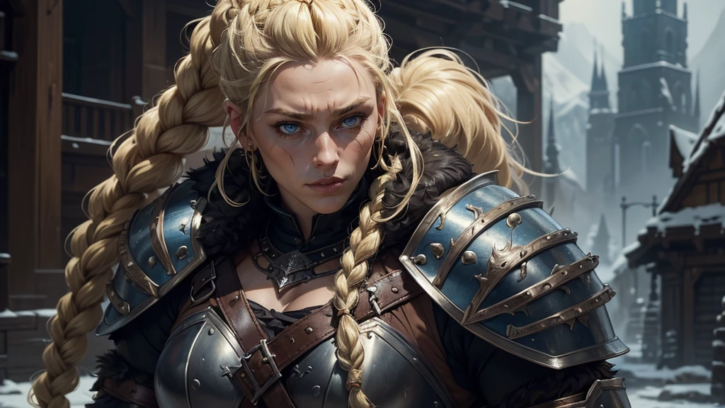 (sensuality:beastality:0.7), (medieval fantasy:1.1), bear fur coat, (detailed armor:1.1), furs, leather, metal accessories, gritty atmosphere, anger expression, fur boots, fur shoulders,, (masterpiece,High quality,best quality:1.4),sharp focus,(intricate, detailed:1.3),(Cinematic lighting),(detailed scenery, epic scenery),(official style, official art, official wallpaper,), barbarian woman, blue eyes, 170cm tall, (braided ponytail:1.2), (single braid:1.1), (blonde hair:1.4), (heavy upper lips:1.1), (body full of scars:1.2), (everything Detailed),