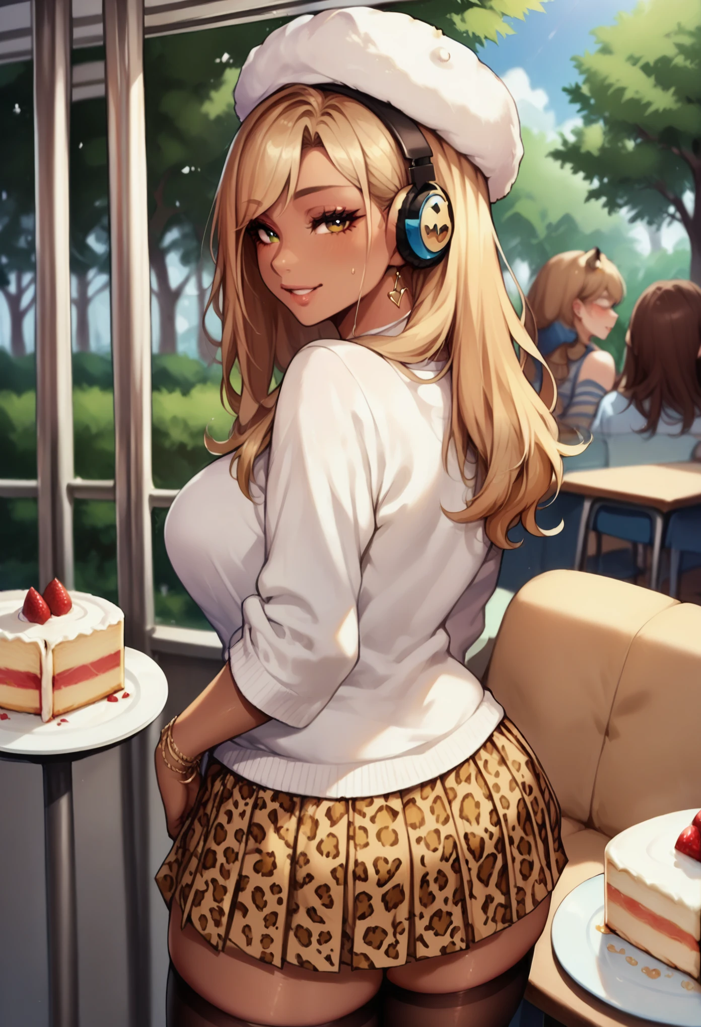 adult curvy women, cake, gyaru, fur hat, tree, detached sleeves, white sweater, hair bun, medium hair, striped shirt, headphones, multiple girls, leopard print, hair behind ear