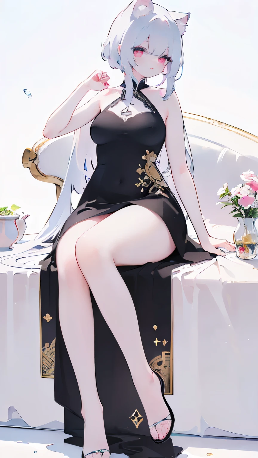 Tsundere 18 year old girl, beautiful and delicate eyes, beautiful lips, very detailed 눈과 얼굴, long eyelashes, 1girl, white cat ears, foot long bag, Front view, Red-eye, (top quality, 4K, 8K, high resolution, masterpiece:1.2), very detailed, (realistic인, realistic인, realistic인, realistic인, realistic: 1.37), very large breasts, elegant, fantasy, white background, black dress, I can see my armpits,
