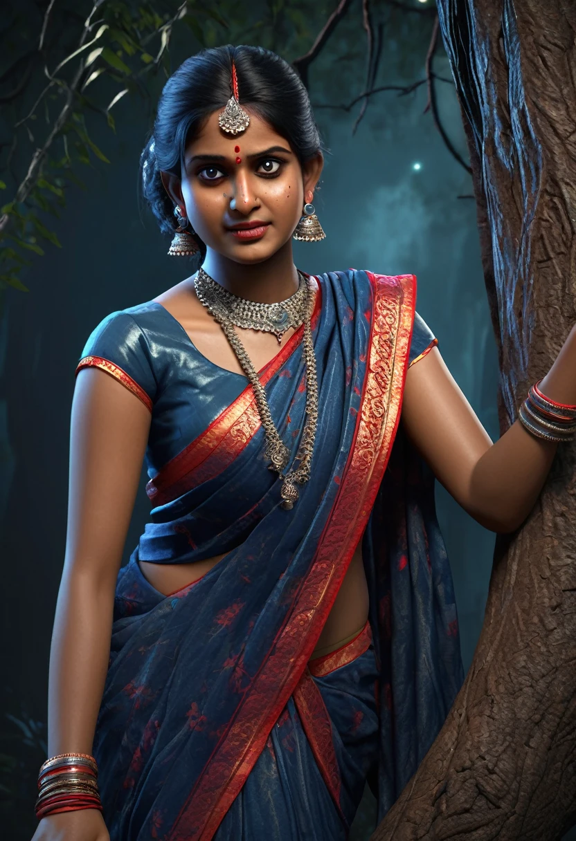 a beautiful indian ghost girl, sitting on a tree, scary bloody face, cruel smiling expression, wearing sleeveless saree, seductive, detailed face, detailed eyes, detailed lips, 8k, high quality, ultra-detailed, realistic, photorealistic, physically-based rendering, vivid colors, horror, dark fantasy, moody lighting, dramatic lighting