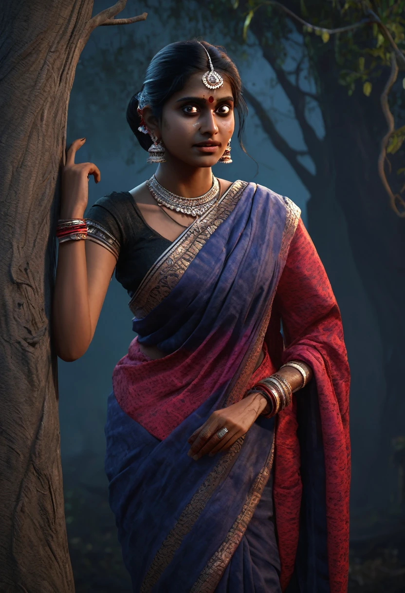 a beautiful indian ghost girl, sitting on a tree, scary bloody face, cruel smiling expression, wearing sleeveless saree, seductive, detailed face, detailed eyes, detailed lips, 8k, high quality, ultra-detailed, realistic, photorealistic, physically-based rendering, vivid colors, horror, dark fantasy, moody lighting, dramatic lighting