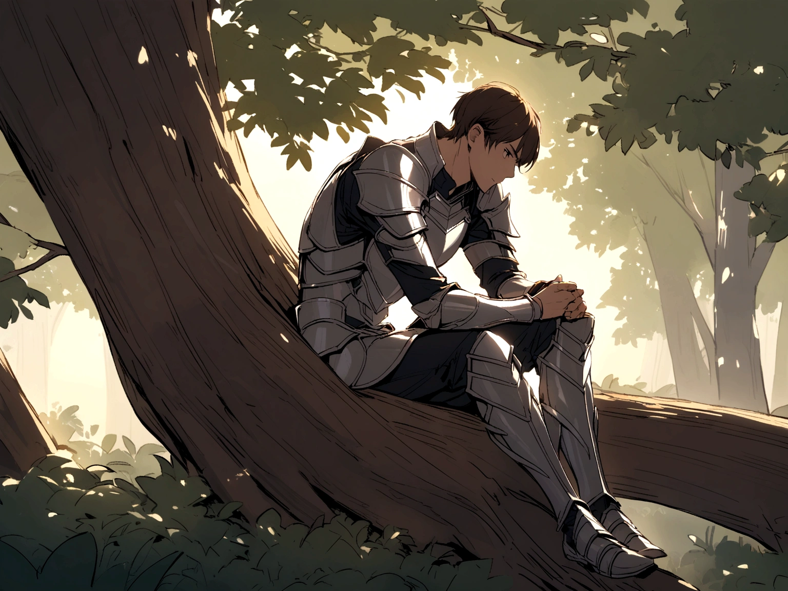 A brown-haired man wearing silver armor sits on a tree trunk