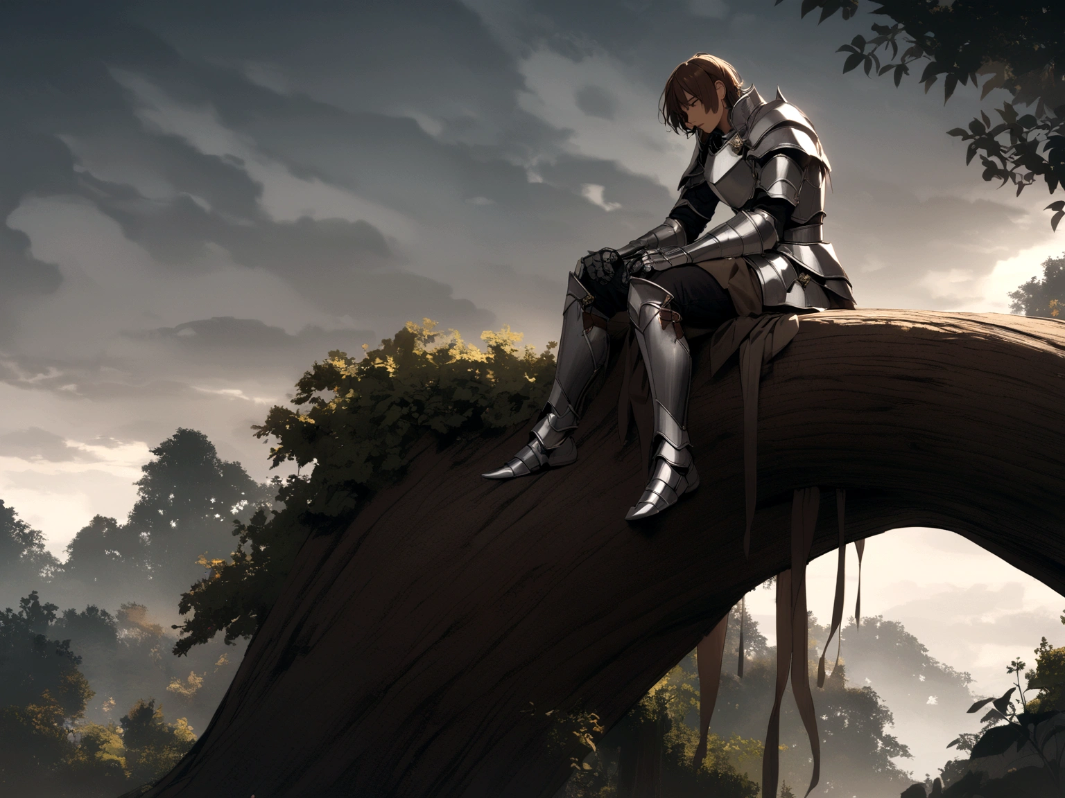 A brown-haired man wearing silver armor sits on a tree trunk
