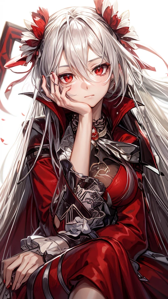 A young woman with long, flowing silver hair and piercing red eyes sits with her chin resting on her hand, gazing thoughtfully at the viewer. She is dressed in a red and black outfit with intricate details and a touch of lace, giving her a sophisticated and mysterious air. The lighting is warm and soft, highlighting her features and creating a sense of intimacy. red erythrina flowers on the head.

[Anime style, detailed and realistic, inspired by the works of Mihoyo and Pixiv artists], [soft lighting, warm colors, smooth textures, slight blur effect on the background, shallow depth of field]