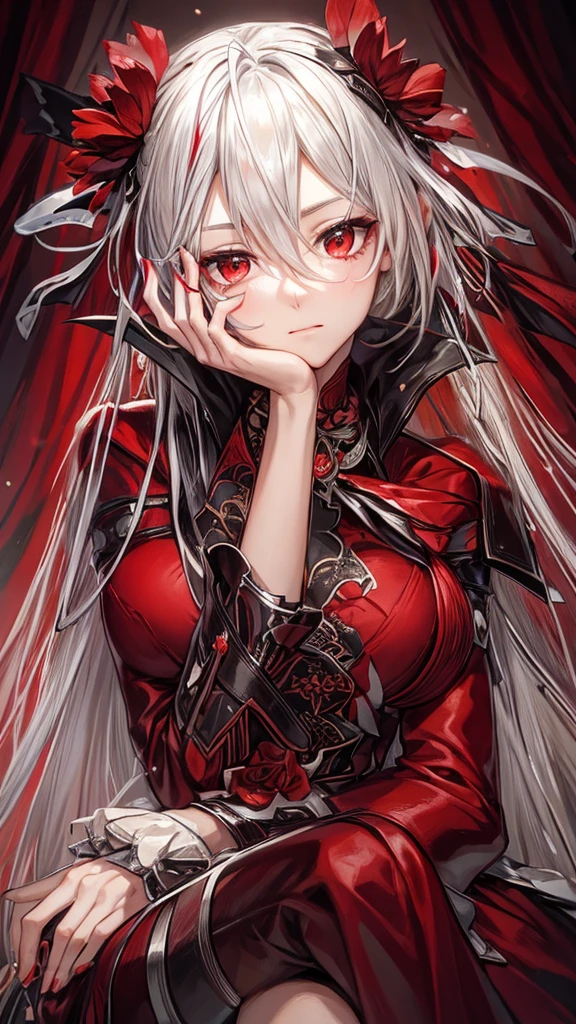 A young woman with long, flowing silver hair and piercing red eyes sits with her chin resting on her hand, gazing thoughtfully at the viewer. She is dressed in a red and black outfit with intricate details and a touch of lace, giving her a sophisticated and mysterious air. The lighting is warm and soft, highlighting her features and creating a sense of intimacy. red erythrina flowers on the head.

[Anime style, detailed and realistic, inspired by the works of Mihoyo and Pixiv artists], [soft lighting, warm colors, smooth textures, slight blur effect on the background, shallow depth of field]