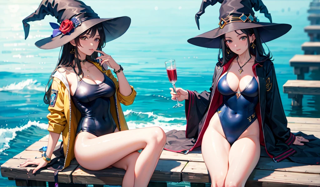 ((Highest quality)), ((masterpiece)), (detailed), One beautiful witch, Wearing a jacket over her swimsuit。Ocean