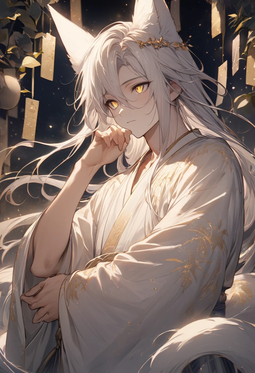 ((Highest quality)), ((masterpiece)), (Detailed face and eyes:1.2), Perfect Face,Create a highly detailed anime-style illustration of a beautiful male character standing under the night sky during the Tanabata festival. The character is depicted reaching out with one hand towards the sky, expressing a longing to meet their lover. The scene is set at night, with soft moonlight illuminating the character and enhancing the stars in the sky. The illustration should have a full-body view of the character in the foreground, with a slightly low camera angle looking up at them. The background should be filled with stars, creating a smooth and detailed texture that emphasizes the character's features and the starry sky. The overall mood should be bittersweet, filled with a sense of longing and hope. The male character has long, flowing straight silver hair with long side strands and sharp golden eyes. He has white fox ears on his head, giving him a mystical and fantastical aura. He wears a white kimono with golden patterns and a light purple obi with silver decorations. He is tall and well-built. The mood should be serene and enchanting, with soft lighting highlighting his delicate features and the smooth texture of his hair.