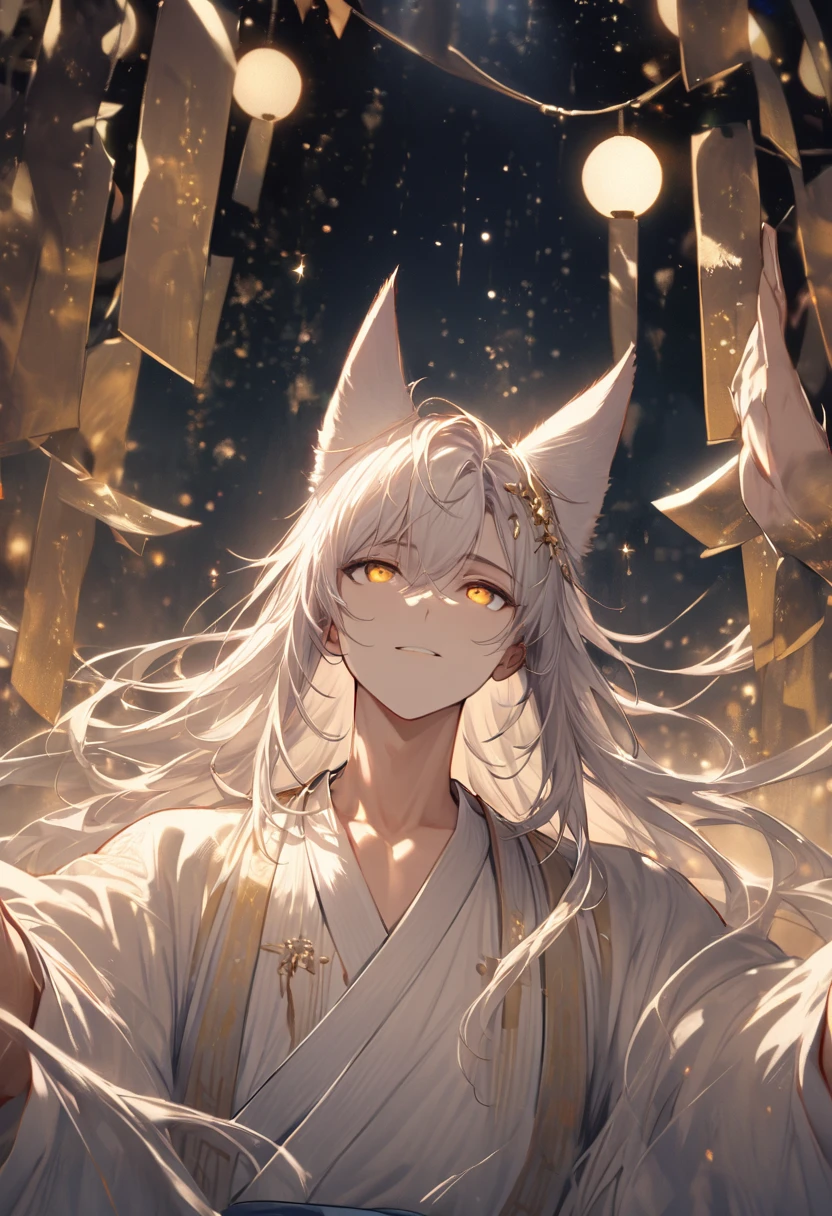 ((Highest quality)), ((masterpiece)), (Detailed face and eyes:1.2), Perfect Face,Create a highly detailed anime-style illustration of a beautiful male character standing under the night sky during the Tanabata festival. The character is depicted reaching out with one hand towards the sky, expressing a longing to meet their lover. The scene is set at night, with soft moonlight illuminating the character and enhancing the stars in the sky. The illustration should have a full-body view of the character in the foreground, with a slightly low camera angle looking up at them. The background should be filled with stars, creating a smooth and detailed texture that emphasizes the character's features and the starry sky. The overall mood should be bittersweet, filled with a sense of longing and hope. The male character has long, flowing straight silver hair with long side strands and sharp golden eyes. He has white fox ears on his head, giving him a mystical and fantastical aura. He wears a white kimono with golden patterns and a light purple obi with silver decorations. He is tall and well-built. The mood should be serene and enchanting, with soft lighting highlighting his delicate features and the smooth texture of his hair.