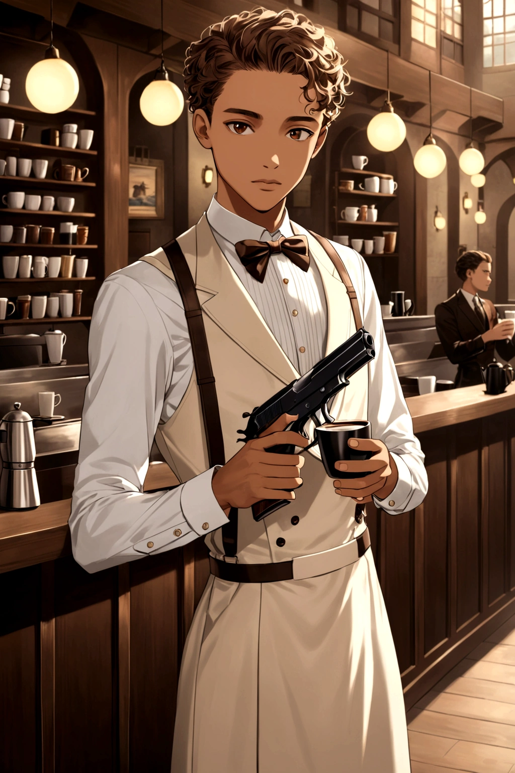  light skin boy, for coffee, brown eyes with an elegant dress and a gun in his hands 