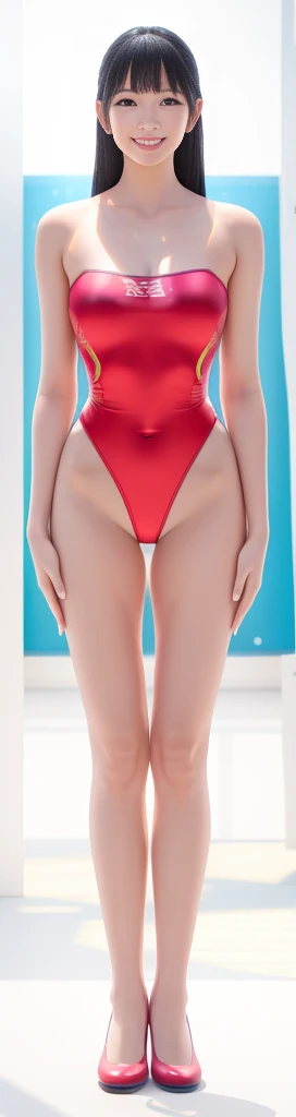 On a white background,A tall and beautiful Chinese girl,with fair skin,Toothy smile,A big smile,When you laugh, Your eyes are crescent-shaped,blunt bangs, long straight hair,Wear a one-piece swimsuit and pumps,Swimsuits are decorated with joyful patterns, Stand up straight,Stand upright,hands on sides,Symmetrical distribution,Ray tracing,All shaded areas,No windows, Soft lighting, Warm light, flood light, n, Studio light, 1.4x Realistic Ultra HD
