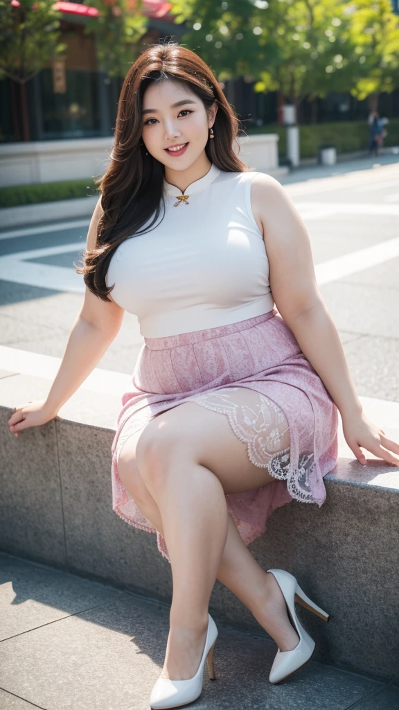 ((best quality, 8K, masterpiece: 0.8)), Smiling fat woman ((best quality)), ((masterpiece)), (detailed), Perfect face, Fat Chinese woman in a yellow and purple lace dress and a red skirt, thickness, She has a small belly, bbw酱, Wear tight and sexy clothes, Thin waist and thick hips, Widest hips, Soft curves, hyperPractical full figure, Wearing a cute top, Wide hips, ,Long legs,, thickness, Beautiful plump woman, Beautiful curvy women,, Big goals,Clear curve details, Curvy hourglass figure, Charming plus size models, bbw酱, full image, Surface Model, Curvy body, (full-body shot)blush, 1girll fat , become a, , Golden Ratio,(Korean Idol),(White and tender skin:),High quality background, HD, Practical, HDR. pedestrian mall,Skin as white as paper,High heel,It was raining in the sky,Sitting on the steps