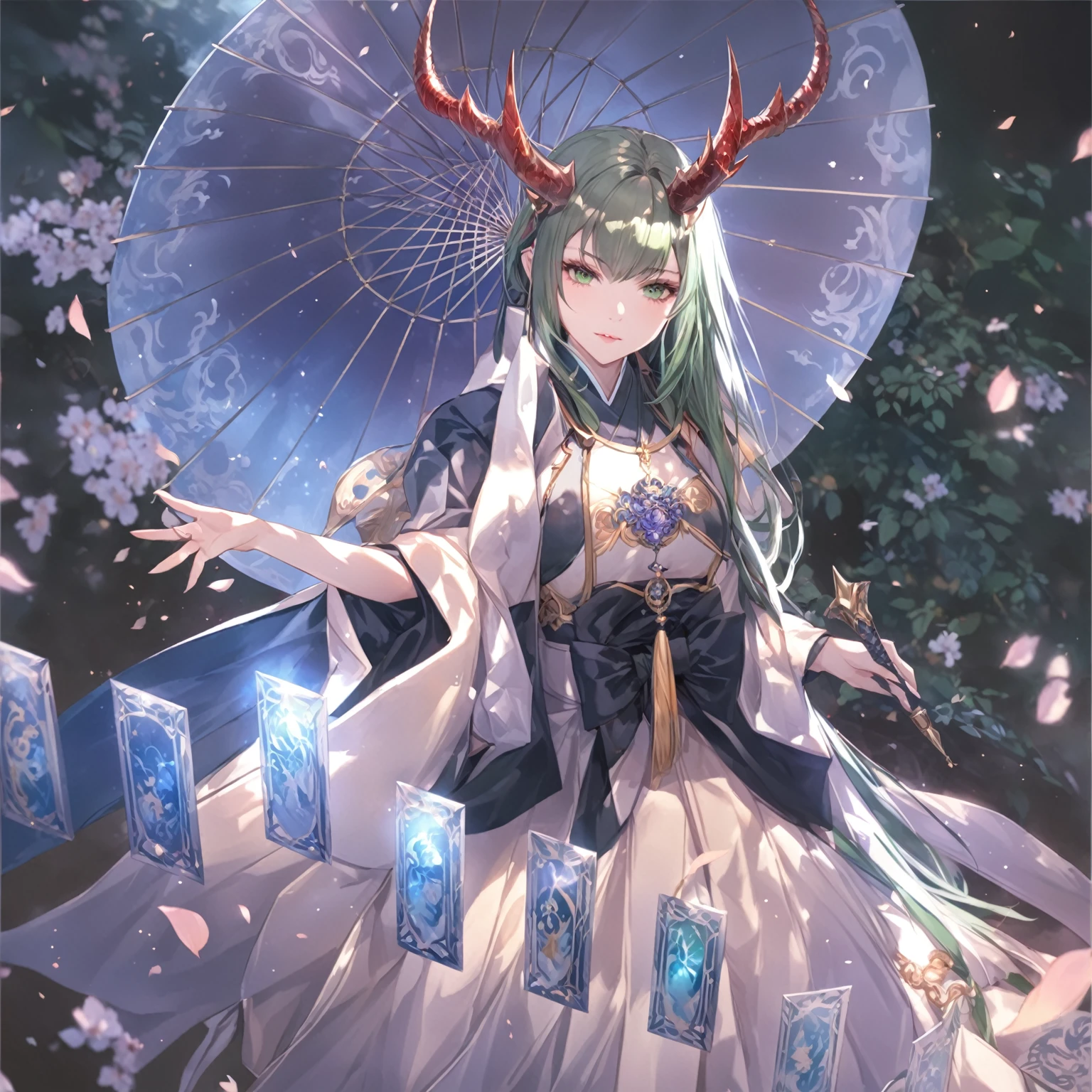 masterpiece, best quality, Fantasy aesthetics, Highly detailed, shadowverse style, female, japanese style, dark green hair, dragon horn