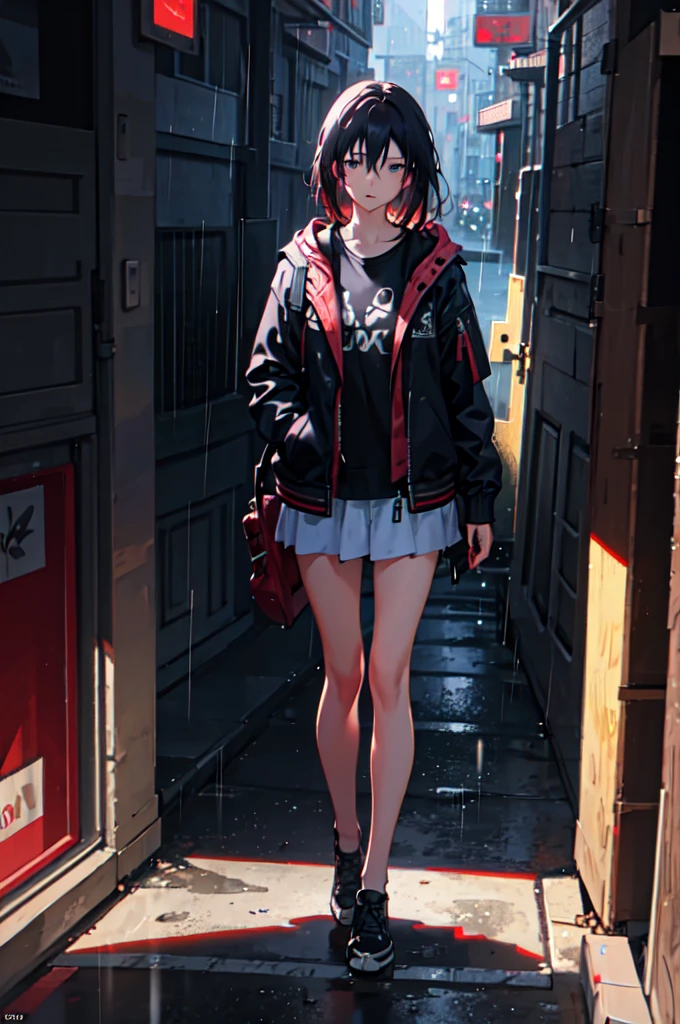 One girl, Jacket, rain, Outdoor, hoodie, open Jacket, Lock, Backpack, Look at other people, Messy Hair, Trending on Art Station, 8K resolution, Very detailed, Anatomically correct, Clear images, Digital Painting, Concept Art, Topics on pixiv, Makoto Shinkai&#39;s Style,