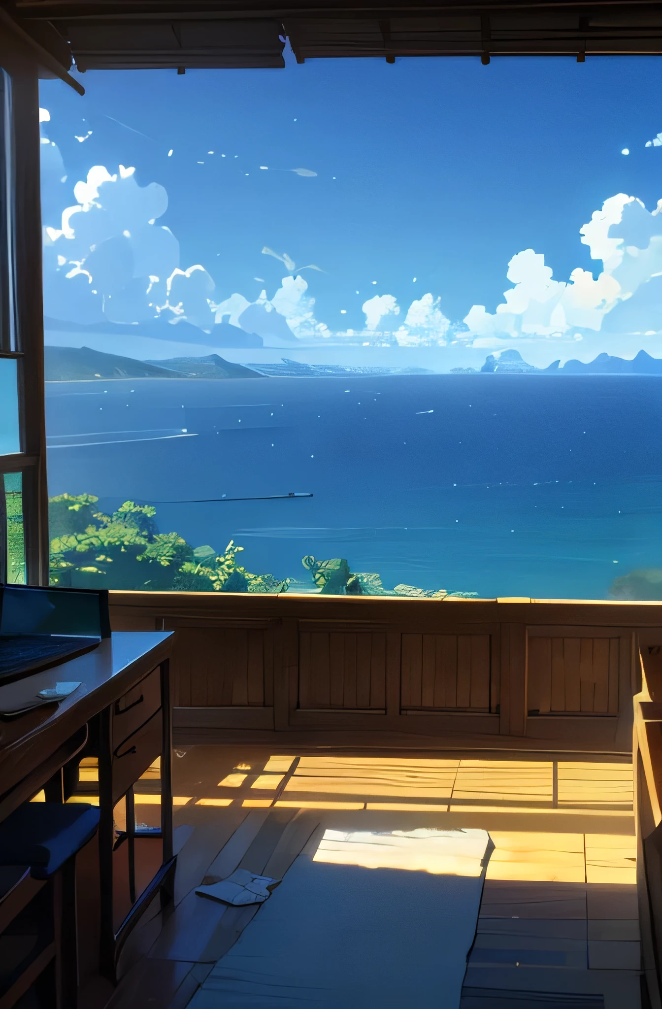 there is a painting of a desk with a laptop and a book, detailed scenery —width 672, overlooking the ocean, scenery artwork, mediterranean vista, anime background art, relaxing concept art, anime scenery, beautiful anime scene, highly detailed scene, beautiful detailed scene, high detailed), detailed scenery, beautiful anime scenery, scenery art detailed