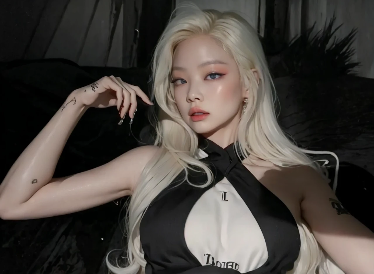 Jennie from blackpink with albino hair and light eyes in red hoodie Jennie