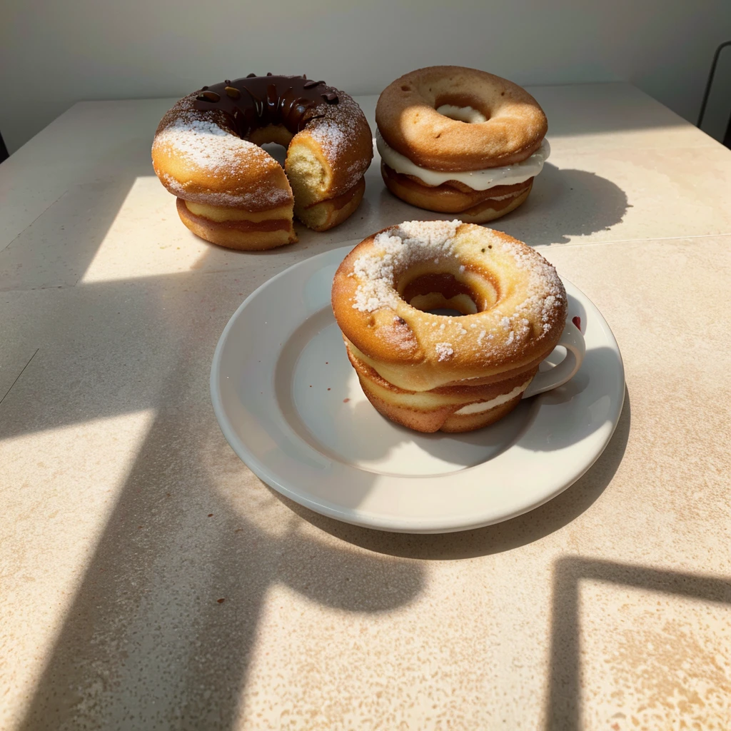 a coffee cup with a fresh doughnut on a white plate, high angle view, Nikon D850 camera, detailed, photorealistic, 8k, hyperrealistic, studio lighting, vibrant colors, food photography