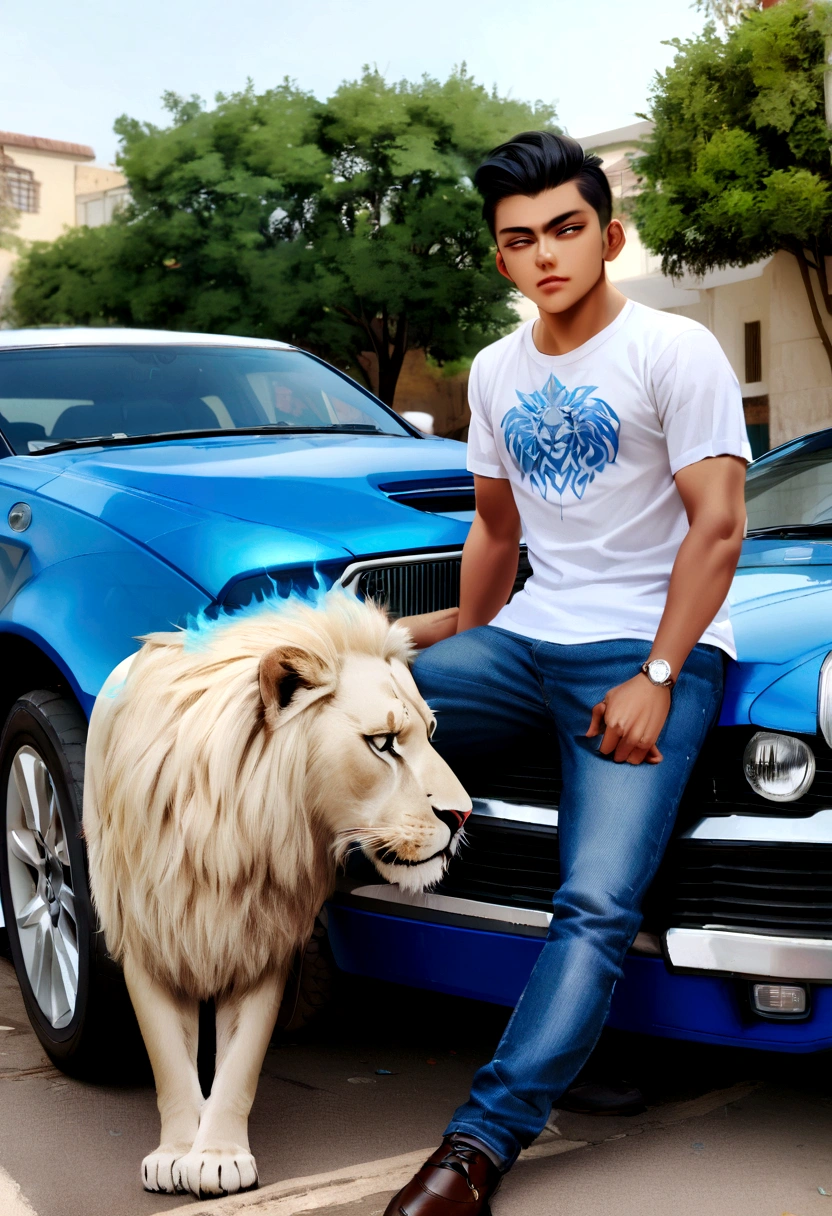 A boy sitting on mursidis car and his side a white lion on his shirt sohail name ..king eyes blue fire