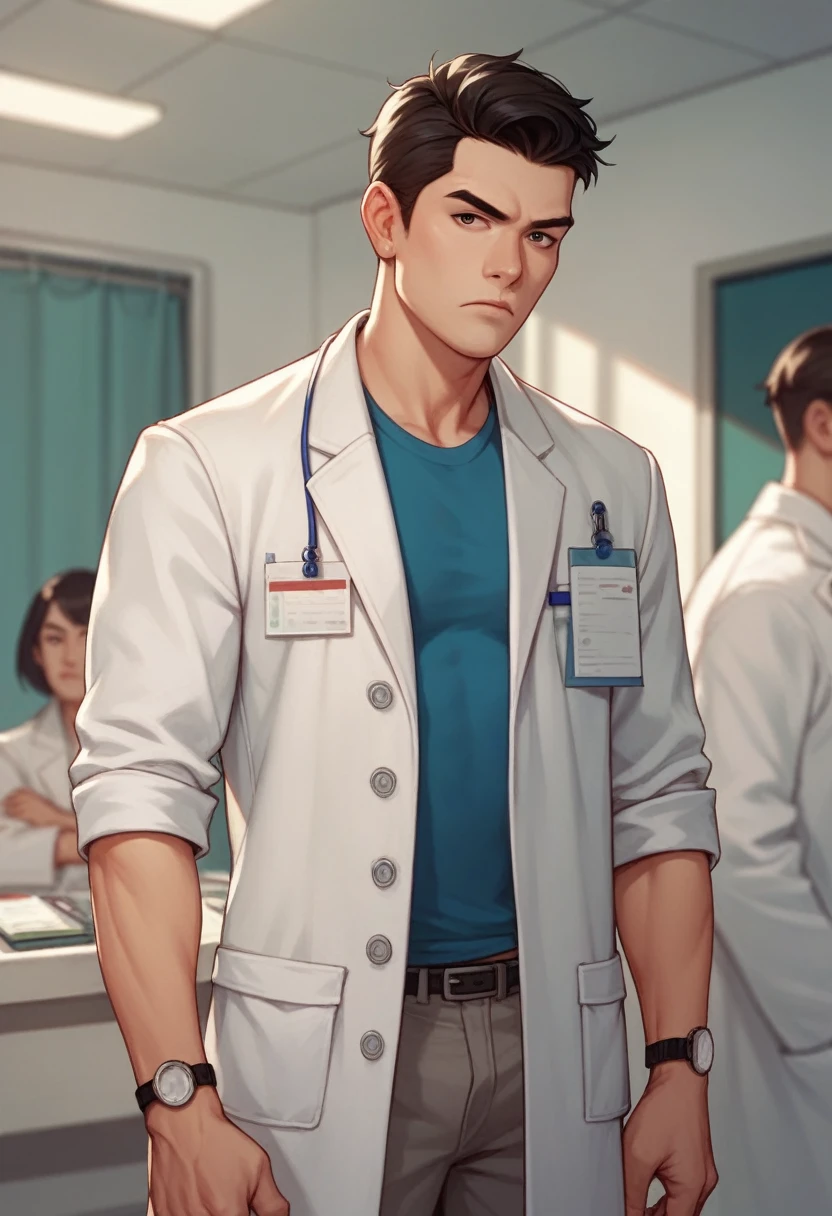 Asian guy, long hair, medical coat, doctor, more skinny Man, handsome man, dark circles, serious