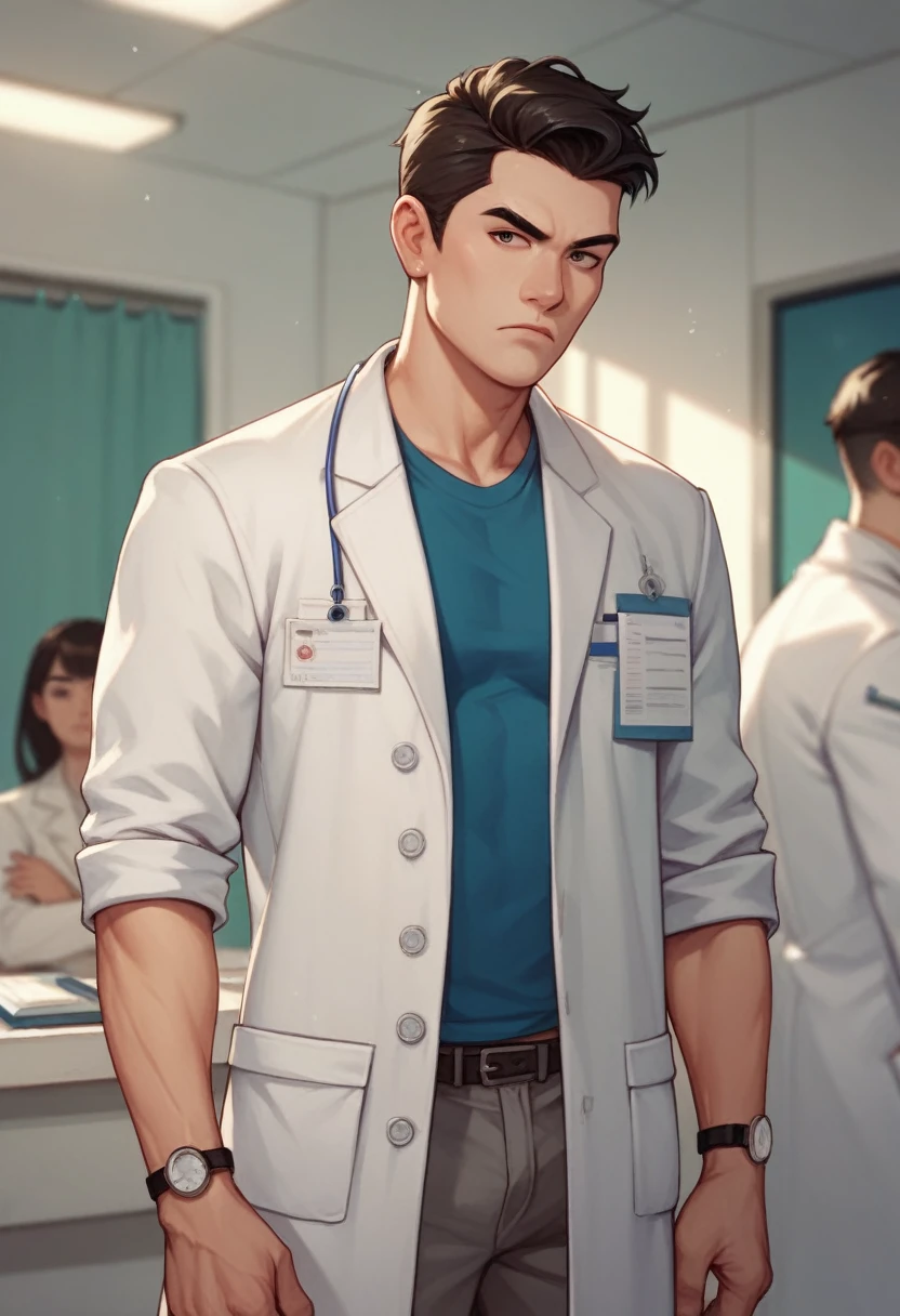 Asian guy, long hair, medical coat, doctor, more skinny Man, handsome man, dark circles, serious 