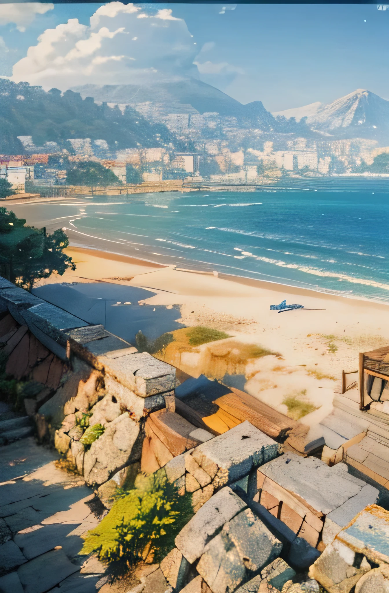 there is a painting of a desk with a laptop and a book, detailed scenery —width 672, overlooking the ocean, scenery artwork, mediterranean vista, anime background art, relaxing concept art, anime scenery, beautiful anime scene, highly detailed scene, beautiful detailed scene, high detailed), detailed scenery, beautiful anime scenery, scenery art detailed