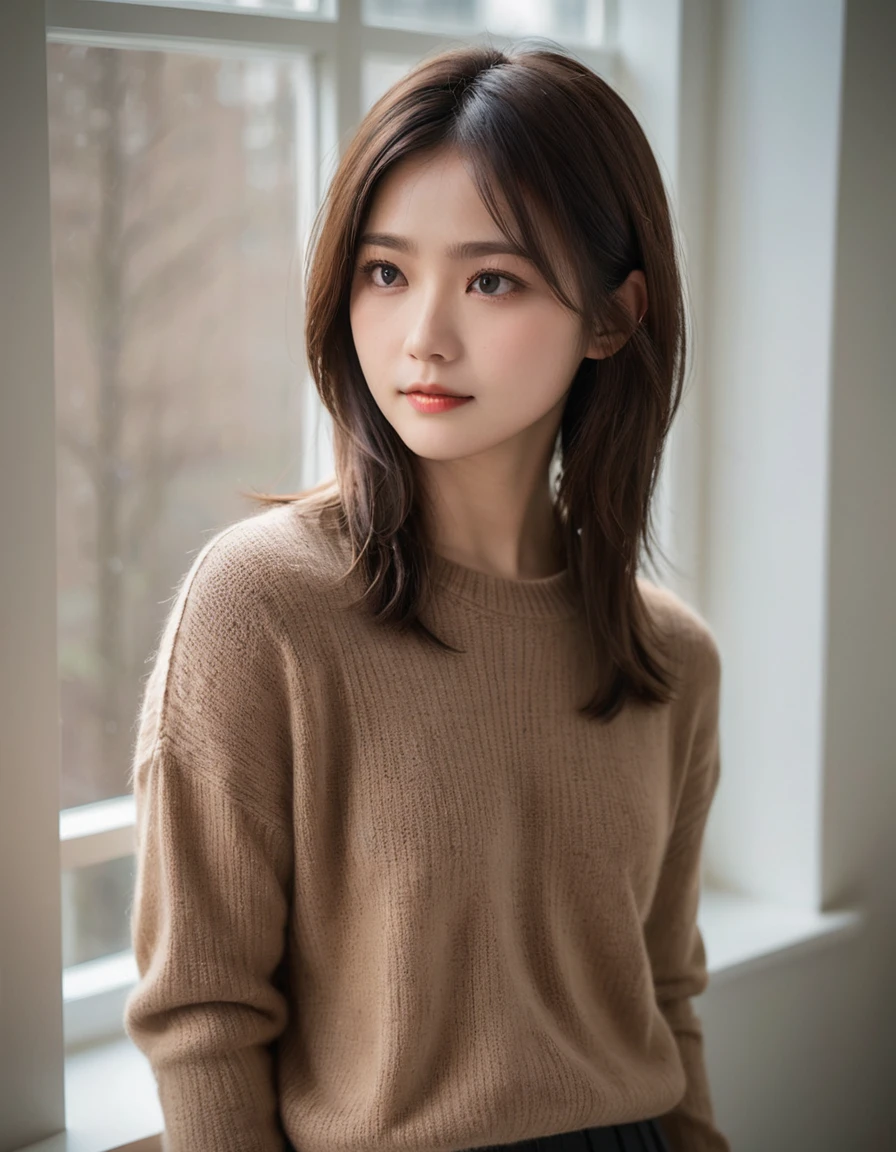Large breasts、Japanese women, cute, (avert your eyes:2),(Old-fashioned smile:0.7),
(Dark brown eyes, pupil, Light in your eyes:1.5),
(Long Bob Hair),(whole body),
(Dark brown loose knit sweater,(Tucked-out sweater:3), (Pulling on a sweater:3)),(Checked long skirt),
(In a bright room:2),(curtain, sofa, table, Chair, シースルーcurtain:2), (Tree outside the window々),spring,
