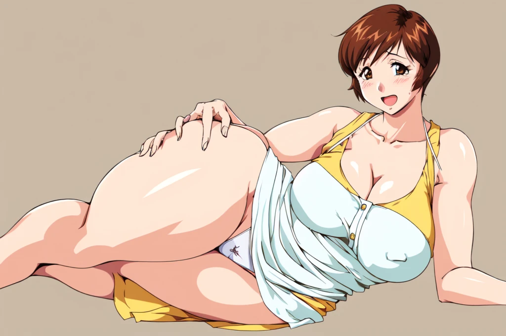 masterpiece, highest quality, High resolution, One girl, solo, sexual intercourse, Pornographic images, short hair, etsukoto, brown Eyes, fine grain, fine grain, (((Thick thighs, Plump thighs, Voluptuous thighs, Thighs alone are enough))), Huge and ample breasts, Cleavage, big long breasts, Naughty big,((big breasts are important))、((Naughty thighs)), L Cup, (thin:1.4),(Tight waist:1.4), (yellow micro dress:1.4), ((white waist apron)), smile, open mouth, blush, white panties, (((Simple Background))), ((Wide Hips)), Shiny, Oily skin, Mature mother, Calf, Seductive mature woman, milf, Perfect body, Plus Size Model, curvy, ample, etsukoto, blush, clavicle, retro artstyle, 1990s (style), (thick thighs:1.4), lying, side on, one leg up,